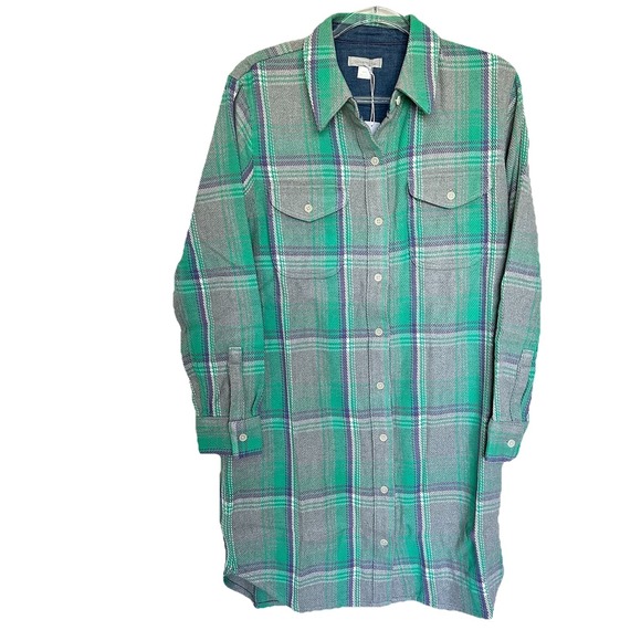 Outerknown Blanket Shirt Dress Green Plaid Long Sleeve Button‎ Down Women's Sz M - Picture 1 of 9